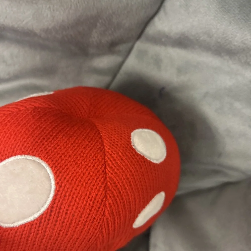 Cute Knitted Mushroom Plush Toy Red White Face Smiley Kawaii Stuffed Animal